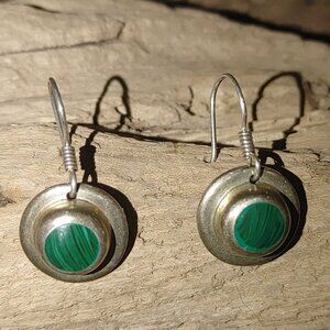 Vintage Sterling Silver Drop Earrings Malachite Artisan Crafted Stamped 925